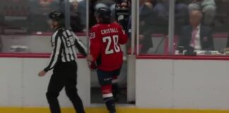 Andrew Cristall Ejection: Cross-Check to McDonald’s Face Andrew Cristall skates off the ice after his ejection from the Capitals preseason game against the Flyers at Giant Center in Hershey
