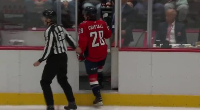 Andrew Cristall Ejection: Cross-Check to McDonald’s Face Andrew Cristall skates off the ice after his ejection from the Capitals preseason game against the Flyers at Giant Center in Hershey