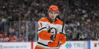 Anaheim Ducks left wing Cutter Gauthier looks on during an NHL game, six-year contract signing