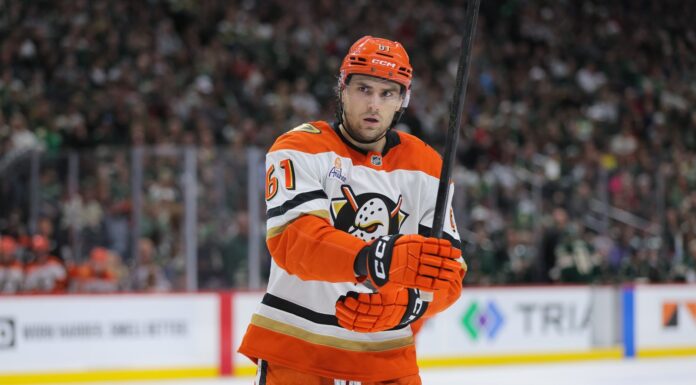 Gauthier Contract: Ducks Pay Up a Month After He Said No Anaheim Ducks left wing Cutter Gauthier looks on during an NHL game, six-year contract signing