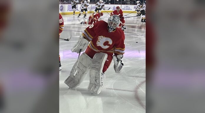 Flames EBUG Signing: Dusty Nickel Gets a Full-Time NHL Job Dusty Nickel in Calgary Flames goalie gear during warmups as the Flames name him their full-time emergency backup goaltender EBUG for 2026-27