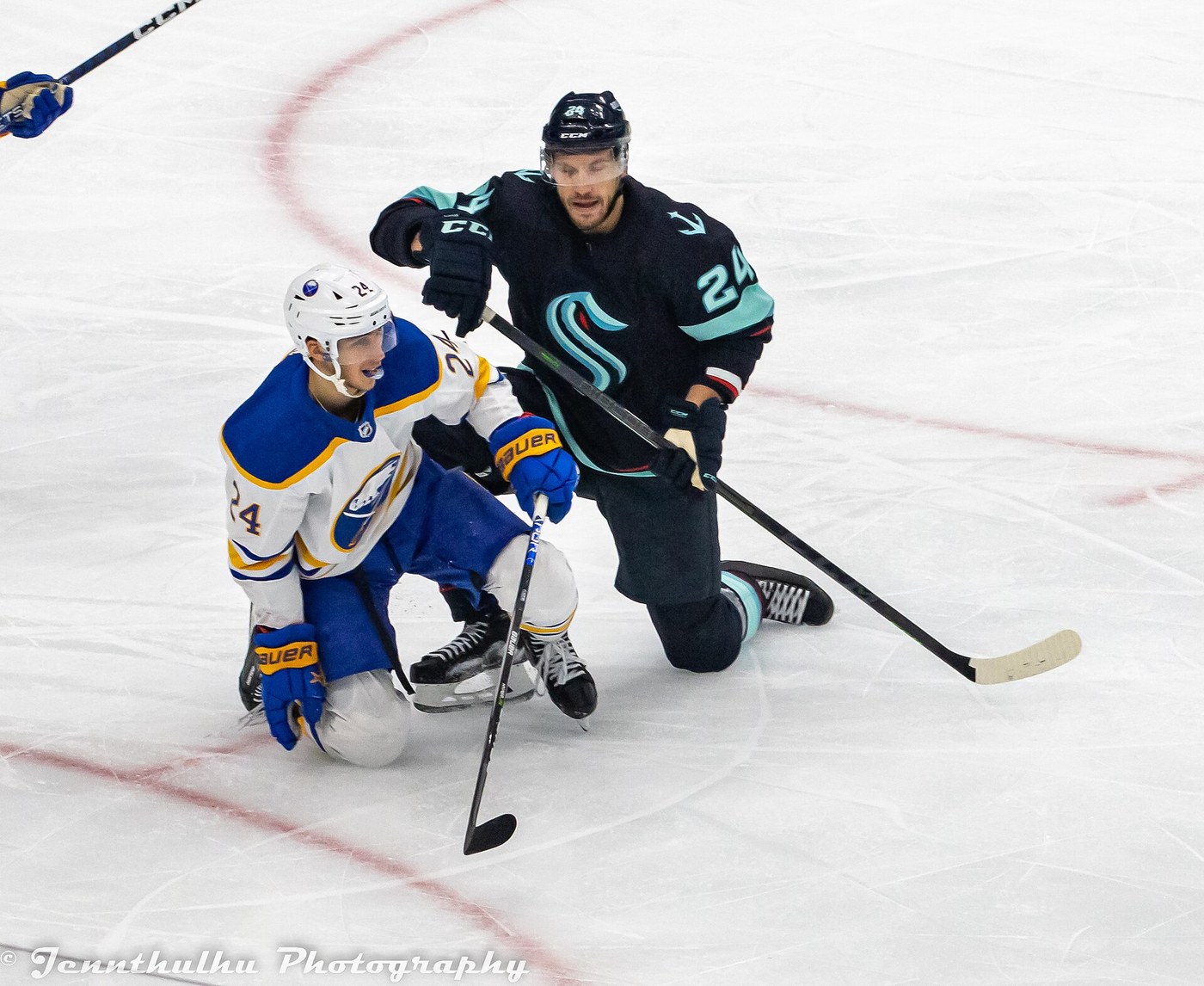 Dylan Cozens of the Buffalo Sabres on the ice against the Seattle Kraken
