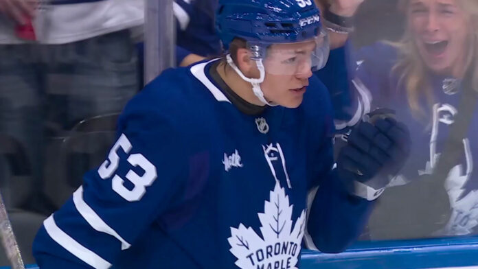 Easton Cowan goal Maple Leafs vs Islanders Easton Cowan celebrates power-play goal for the Toronto Maple Leafs against the New York Islanders at Scotiabank Arena