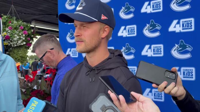 Elias Pettersson Canucks media availability 2026 Canucks center Elias Pettersson speaks to media at the Jake Milford charity golf tournament in Surrey, B.C.