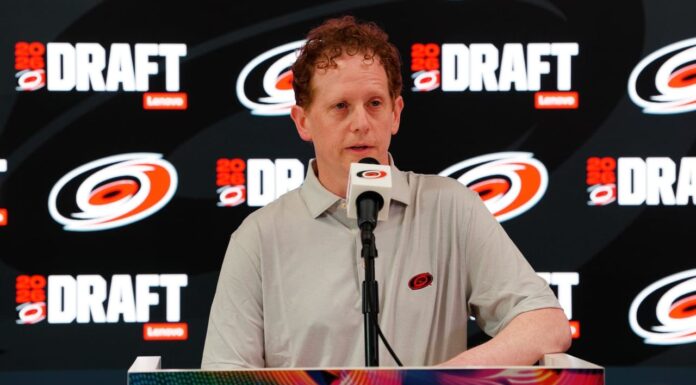 Nikishin Contract: Tulsky Says Both Sides Seek ‘Resolution’ Carolina Hurricanes general manager Eric Tulsky speaks at a press conference