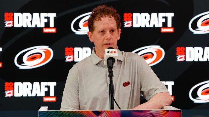 Eric Tulsky Hurricanes GM press conference Carolina Hurricanes general manager Eric Tulsky speaks at a press conference