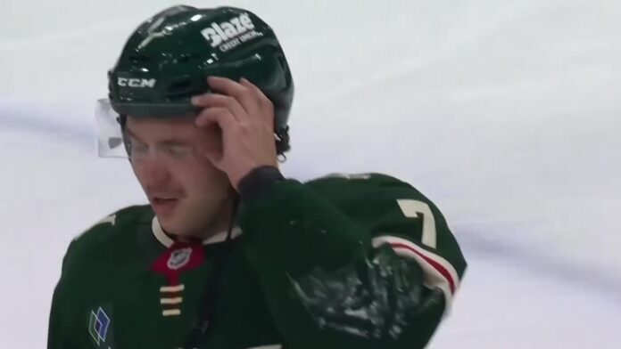 Brock Faber skull fracture Wild Minnesota Wild defenseman Brock Faber holds his helmet after taking a shot to the head in preseason game against the Dallas Stars