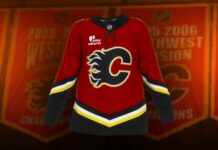Flames Throwback Jersey: 2004 Black C Back for Dome Finale Calgary Flames 2004 throwback alternate jersey with black Flaming C crest hanging in front of Saddledome banners