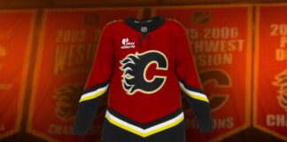Flames Throwback Jersey: 2004 Black C Back for Dome Finale Calgary Flames 2004 throwback alternate jersey with black Flaming C crest hanging in front of Saddledome banners