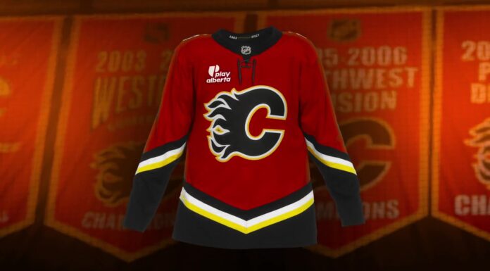 Flames Throwback Jersey: 2004 Black C Back for Dome Finale Calgary Flames 2004 throwback alternate jersey with black Flaming C crest hanging in front of Saddledome banners