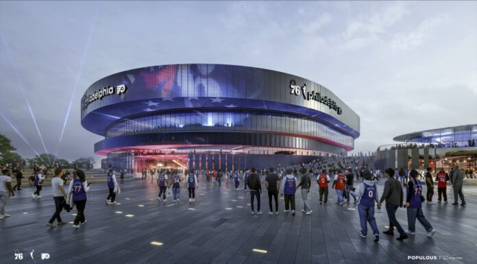Flyers New Arena: First Look at the Spectrum Site Rebuild Exterior rendering of the new Philadelphia Flyers and 76ers arena on the old Spectrum grounds, set to open in 2030