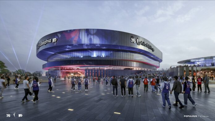 Philadelphia Flyers 76ers new arena rendering Spectrum site 2030 Exterior rendering of the new Philadelphia Flyers and 76ers arena on the old Spectrum grounds, set to open in 2030