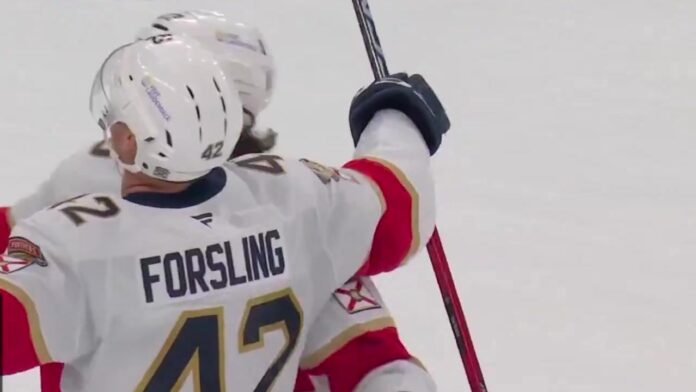 Gustav Forsling Panthers overtime goal celebration Gustav Forsling celebrates overtime winner for Florida Panthers against Carolina Hurricanes in 2026-27 season opener