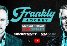 Frank Seravalli Joins Sportsnet as Hockey Insider Frankly Hockey promo graphic with Frank Seravalli and John Buccigross announcing daily simulcast on Sportsnet and Sportsnet 590 The Fan starting September 2026