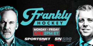 Frank Seravalli Joins Sportsnet as Hockey Insider Frankly Hockey promo graphic with Frank Seravalli and John Buccigross announcing daily simulcast on Sportsnet and Sportsnet 590 The Fan starting September 2026
