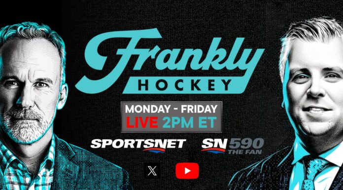 Frank Seravalli Joins Sportsnet as Hockey Insider Frankly Hockey promo graphic with Frank Seravalli and John Buccigross announcing daily simulcast on Sportsnet and Sportsnet 590 The Fan starting September 2026