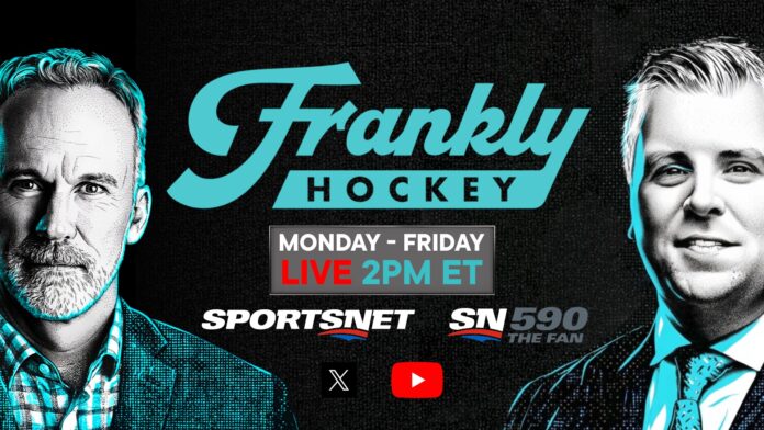 Frankly Hockey Sportsnet Frank Seravalli John Buccigross 2026 Frankly Hockey promo graphic with Frank Seravalli and John Buccigross announcing daily simulcast on Sportsnet and Sportsnet 590 The Fan starting September 2026
