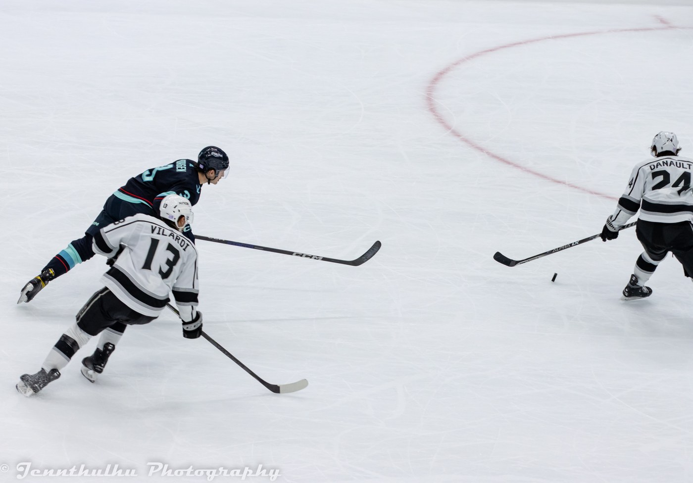 Gabriel Vilardi carries the puck for the Los Angeles Kings against the Seattle Kraken