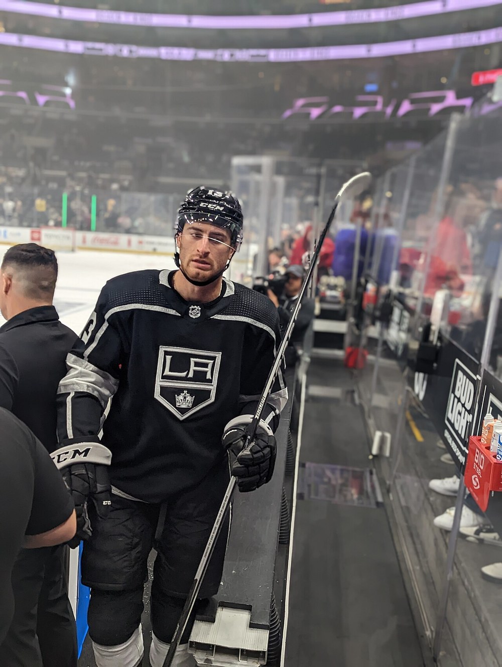 Gabriel Vilardi walks off the ice in a Los Angeles Kings jersey after warmups