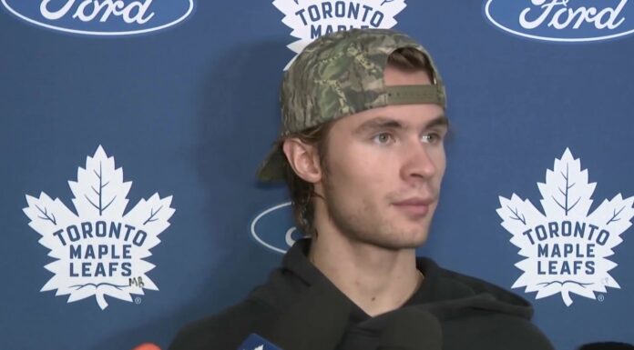 Gavin McKenna speaks to reporters at Toronto Maple Leafs development camp on September 11, 2026