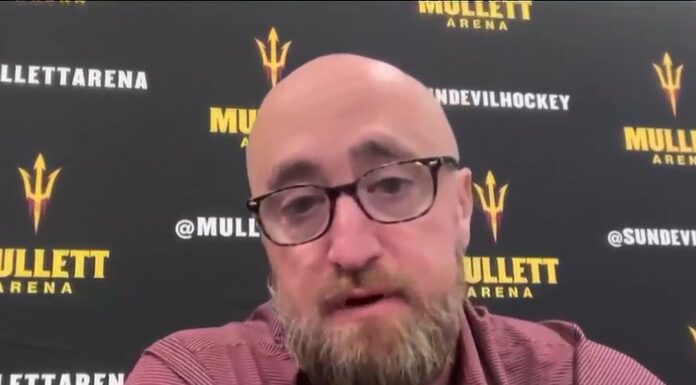 ASU Players Ask School to Put Greg Powers on Leave Arizona State hockey coach Greg Powers at NCHC media day at Mullett Arena
