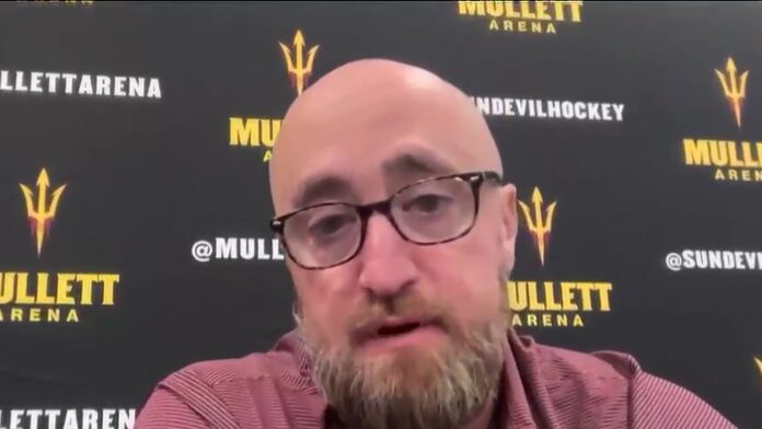 Greg Powers ASU hockey coach media day Arizona State hockey coach Greg Powers at NCHC media day at Mullett Arena