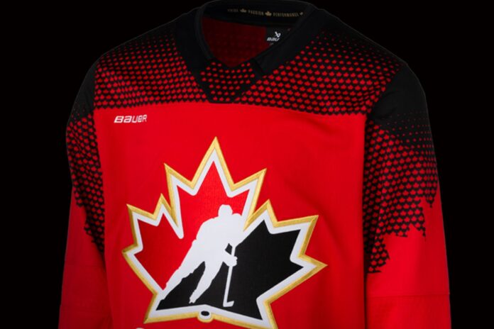 Hockey Canada new jersey 2026-27 crest Hockey Canada new 2026-27 Bauer jersey with the gold-bordered skater crest returning to the front