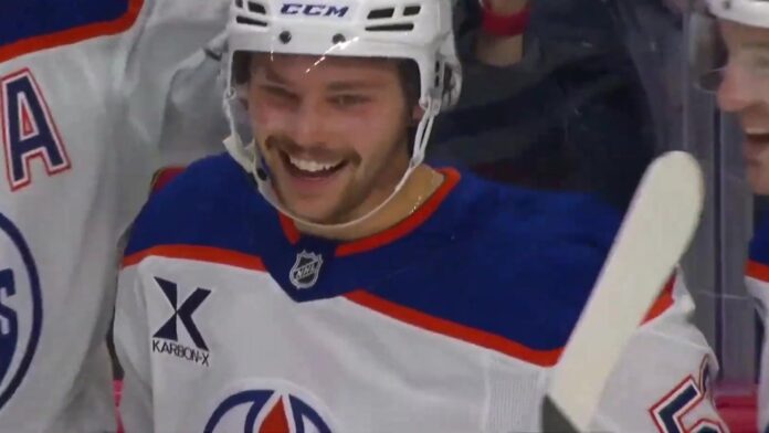 Isaac Howard Oilers first NHL goal celebration Isaac Howard celebrates his first NHL goal on the Edmonton Oilers bench