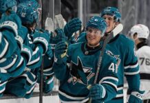 Stenberg Leafs Draft Meetings: Sharks Rookie Felt No Interest Ivar Stenberg celebrates a goal with the San Jose Sharks bench during the 2026 Rookie Faceoff against the Los Angeles Kings