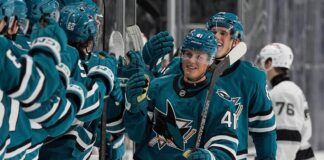 Ivar Stenberg Debut: Two Goals in 25 Seconds for Sharks Ivar Stenberg celebrates a goal with the San Jose Sharks bench during the 2026 Rookie Faceoff against the Los Angeles Kings