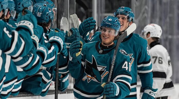 Ivar Stenberg Debut: Two Goals in 25 Seconds for Sharks Ivar Stenberg celebrates a goal with the San Jose Sharks bench during the 2026 Rookie Faceoff against the Los Angeles Kings