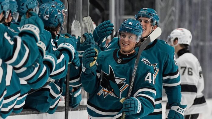 Ivar Stenberg Sharks rookie faceoff goal celebration Ivar Stenberg celebrates a goal with the San Jose Sharks bench during the 2026 Rookie Faceoff against the Los Angeles Kings