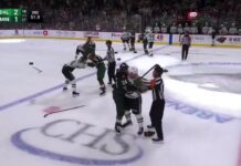 Jamie Benn, Marcus Foligno Fight Sparks Stars-Wild Brawl Jamie Benn Marcus Foligno fight Stars Wild preseason brawl screengrab