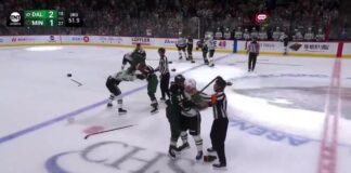 Jamie Benn, Marcus Foligno Fight Sparks Stars-Wild Brawl Jamie Benn Marcus Foligno fight Stars Wild preseason brawl screengrab