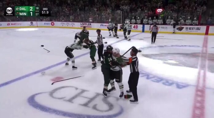 Jamie Benn, Marcus Foligno Fight Sparks Stars-Wild Brawl Jamie Benn Marcus Foligno fight Stars Wild preseason brawl screengrab