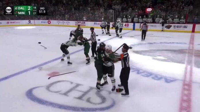 Jamie Benn and Marcus Foligno fight in Stars-Wild brawl Jamie Benn Marcus Foligno fight Stars Wild preseason brawl screengrab