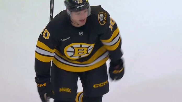 JJ Peterka Bruins first goal vs Rangers JJ Peterka celebrates his first goal with the Boston Bruins against the New York Rangers on opening night at TD Garden