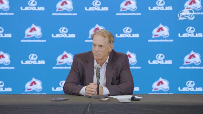 Joe Sakic Avalanche general manager press conference 2026 Joe Sakic speaks at a Colorado Avalanche press conference as general manager