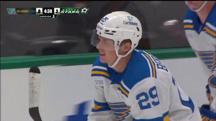 Jonatan Berggren Blues trade depth 2026 St. Louis Blues forward Jonatan Berggren on the bench during a preseason game in Dallas