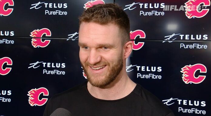 Calgary Flames winger Jonathan Huberdeau speaks with media as he recovers from hip resurfacing surgery