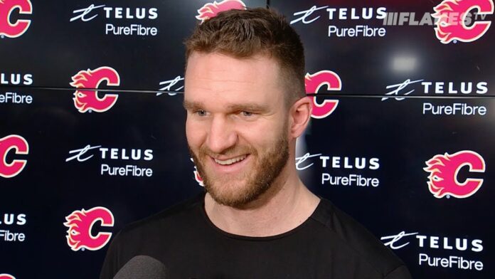 Jonathan Huberdeau Flames injury season opener 2026 Calgary Flames winger Jonathan Huberdeau speaks with media as he recovers from hip resurfacing surgery