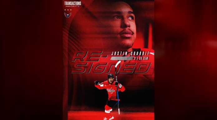 Sourdif Extension: Capitals Beat the 8-Year Deadline by Hours Justin Sourdif celebrates in a Washington Capitals jersey on the team graphic announcing his eight-year contract extension