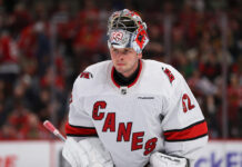 Kochetkov Extension: Hurricanes Lock Up Backup Goalie Pyotr Kochetkov of the Carolina Hurricanes looks on during a game against the Chicago Blackhawks