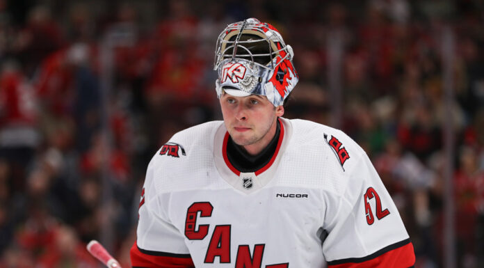 Kochetkov Extension: Hurricanes Lock Up Backup Goalie Pyotr Kochetkov of the Carolina Hurricanes looks on during a game against the Chicago Blackhawks
