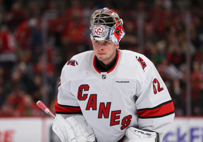 NHL: APR 14 Hurricanes at Blackhawks Pyotr Kochetkov of the Carolina Hurricanes looks on during a game against the Chicago Blackhawks