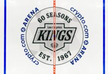 Kings 60th Anniversary Logo Puts the Crown Front and Center Los Angeles Kings 60th anniversary logo painted at center ice at Crypto.com Arena