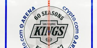 Kings 60th Anniversary Logo Puts the Crown Front and Center Los Angeles Kings 60th anniversary logo painted at center ice at Crypto.com Arena