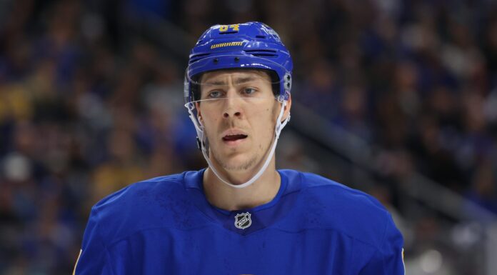 Logan Stanley Signing: Islanders Add D-Man on 1-Year Deal Logan Stanley in Buffalo Sabres jersey warming up before a game