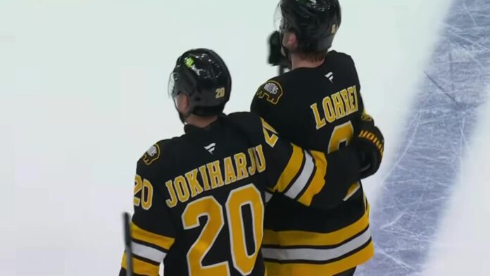 Mason Lohrei and Henri Jokiharju Bruins Boston Bruins defensemen Mason Lohrei and Henri Jokiharju celebrate a goal during the 2025-26 NHL season
