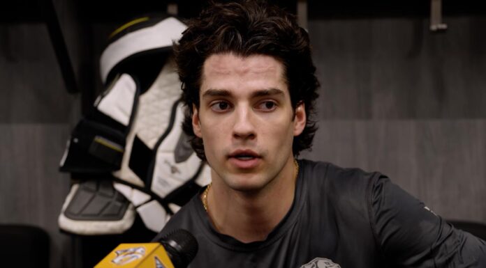 Luke Evangelista Trade: Devils Land 56-Point Winger Luke Evangelista speaks to media before a Nashville Predators game before his trade to the New Jersey Devils